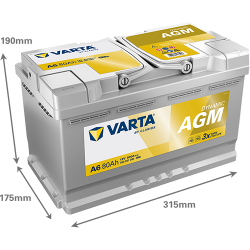 Batterie Auto Varta A6 AGM / xEV 12V 80Ah L4 Dimensions