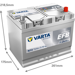 Batterie Auto VARTA Dynamic EFB N72 12V 72Ah 760A 572501076 Dimensions